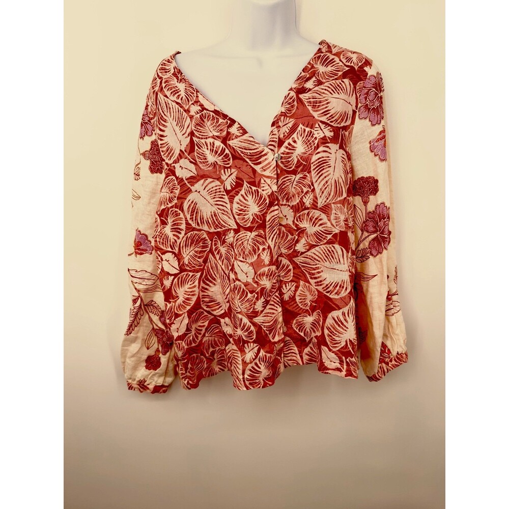 Tahari Linen Shirt Top Blouse Tunic Floral Machine Washable Women's Size M